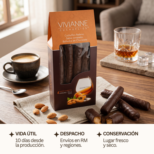 Cuchuflí Relleno con Manjar Sabor Amaretto, Bañado en Chocolate (4 Unidades)