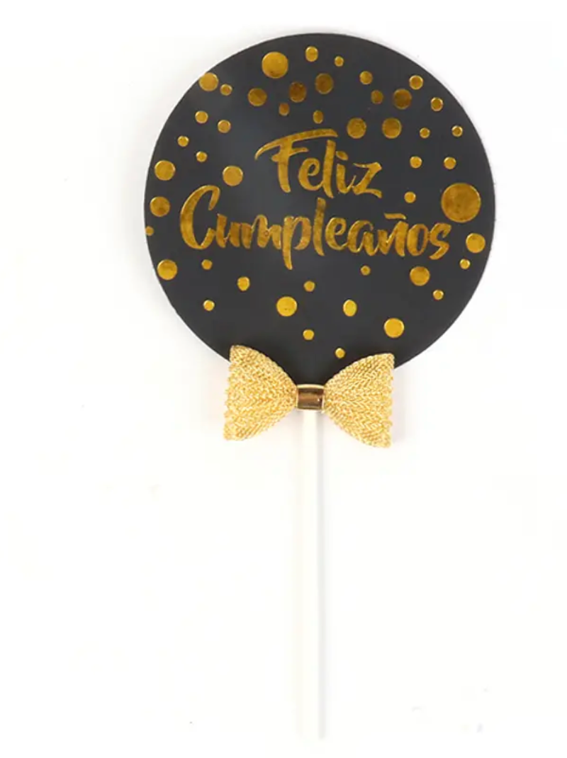 Topper redondo de Feliz Cumpleaños - blanco y negro (9x18 cm) ⚫⚪