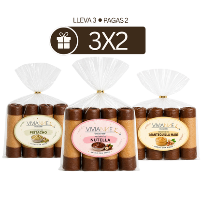 Pack 3x2 Barquillos Gourmet - Mantequilla de maní, Nutella® y Pistacho