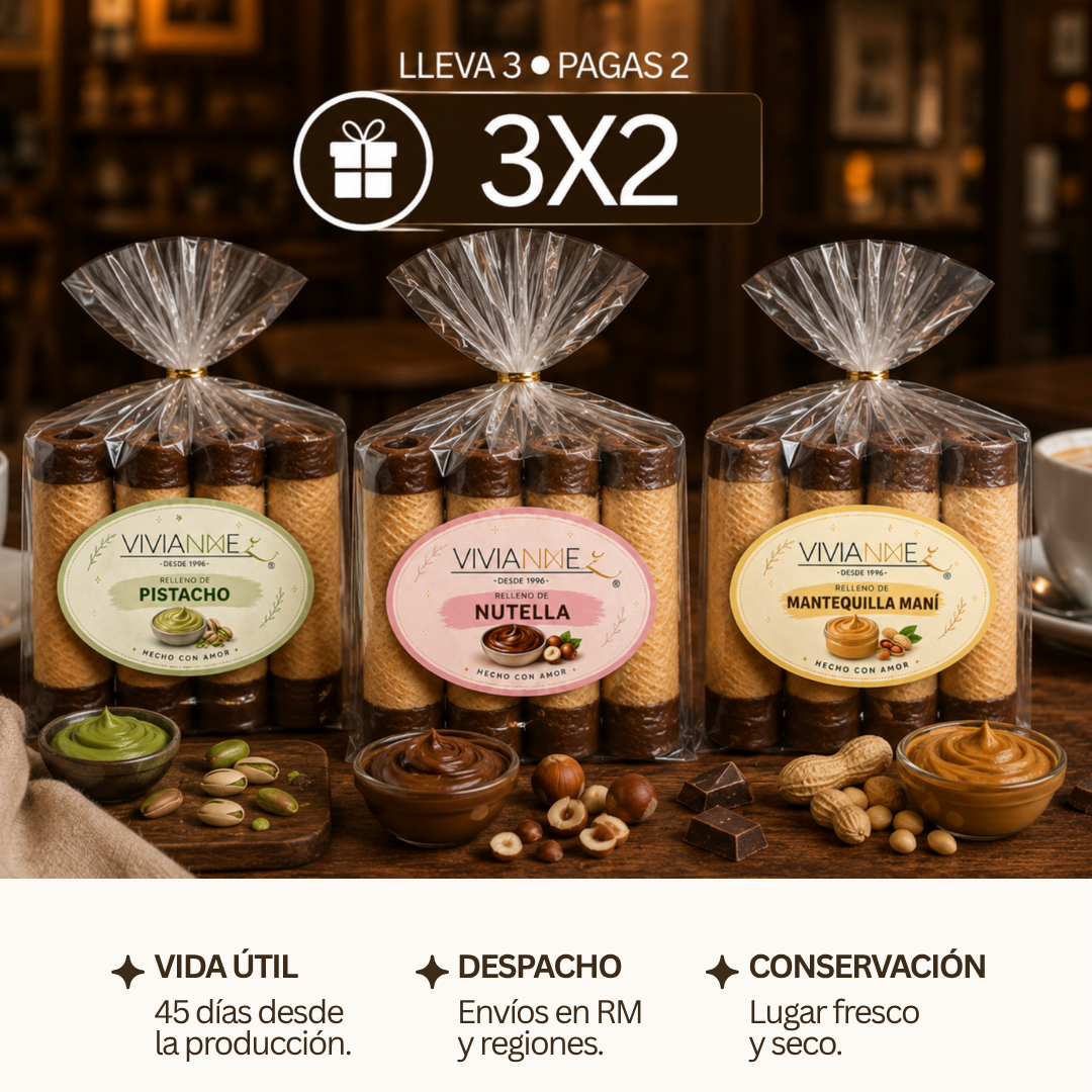 Pack 3x2 Barquillos Gourmet - Mantequilla de maní, Nutella® y Pistacho