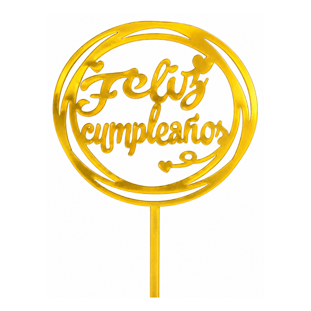 Topper "Feliz Cumpleaños" Redondo Dorado 11 x 16 cm (Adorno para Torta)