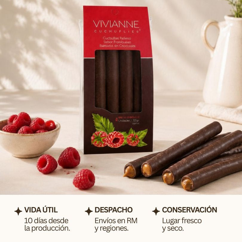 Cuchuflí relleno con manjar sabor frambuesa, bañado en chocolate - 4 unidades