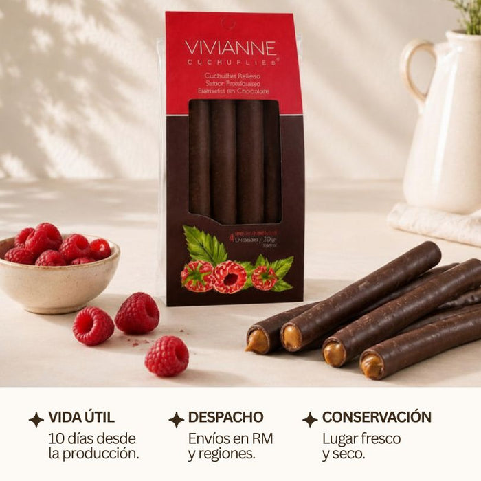 Cuchuflí relleno con manjar sabor frambuesa, bañado en chocolate - 4 unidades