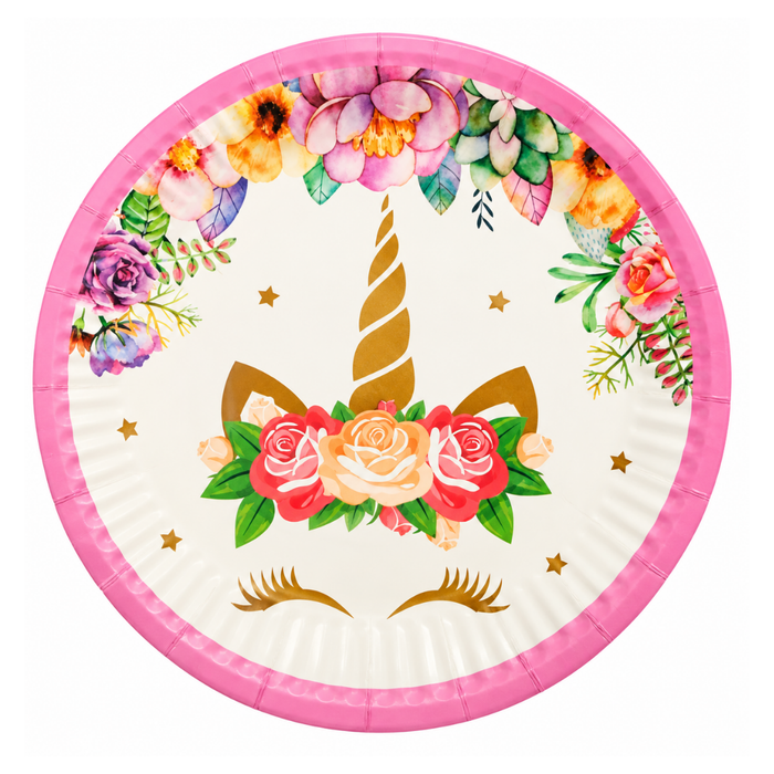 Platos Unicornio Flor 18 cm - 6 Unidades