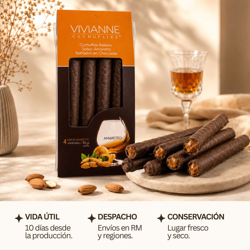 Cuchuflí relleno con manjar sabor amaretto, bañado en chocolate - 4 unidades