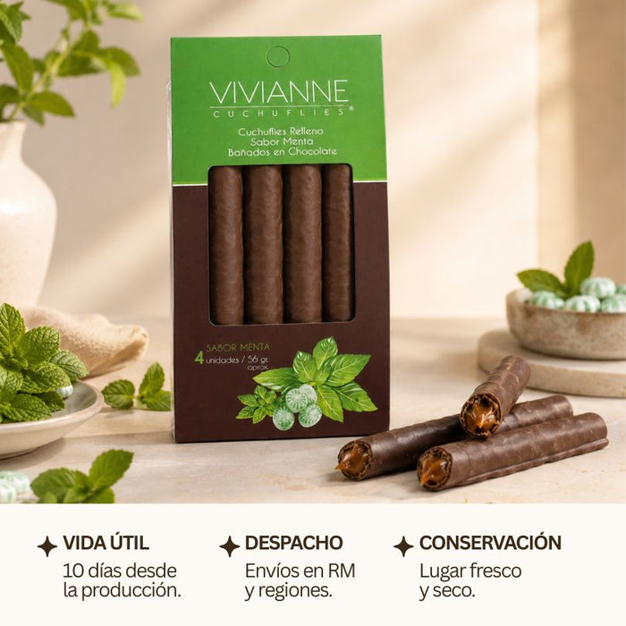 Cuchuflí relleno con manjar sabor menta, bañado en chocolate - 4 unidades