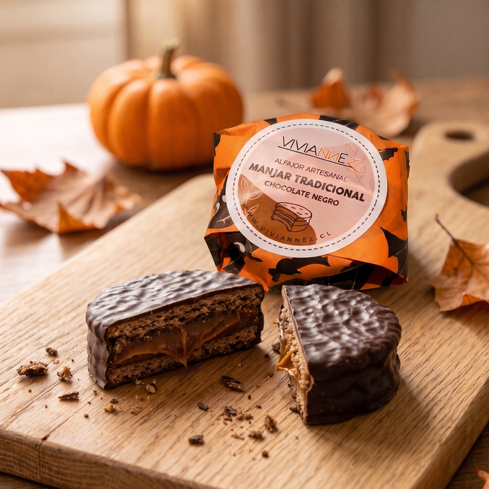 Alfajor Halloween cortado con manjar casero